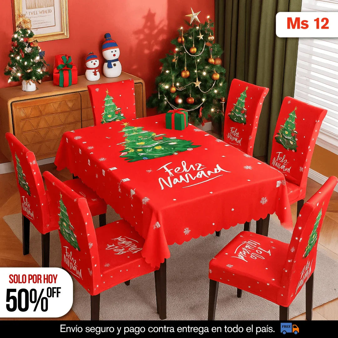 SET NAVIDEÑO DE COMEDOR – 6 FUNDAS PARA SILLAS + MANTEL