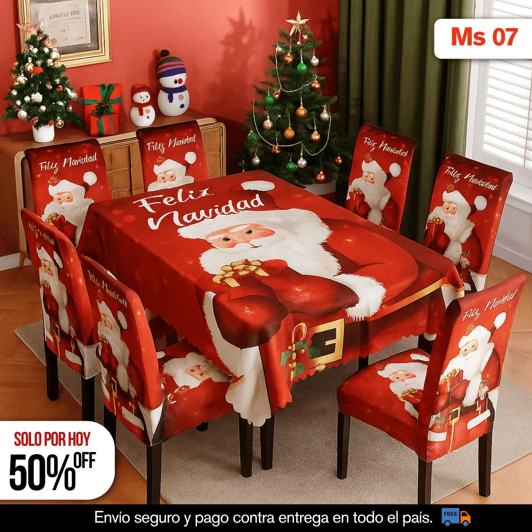 SET NAVIDEÑO DE COMEDOR – 6 FUNDAS PARA SILLAS + MANTEL