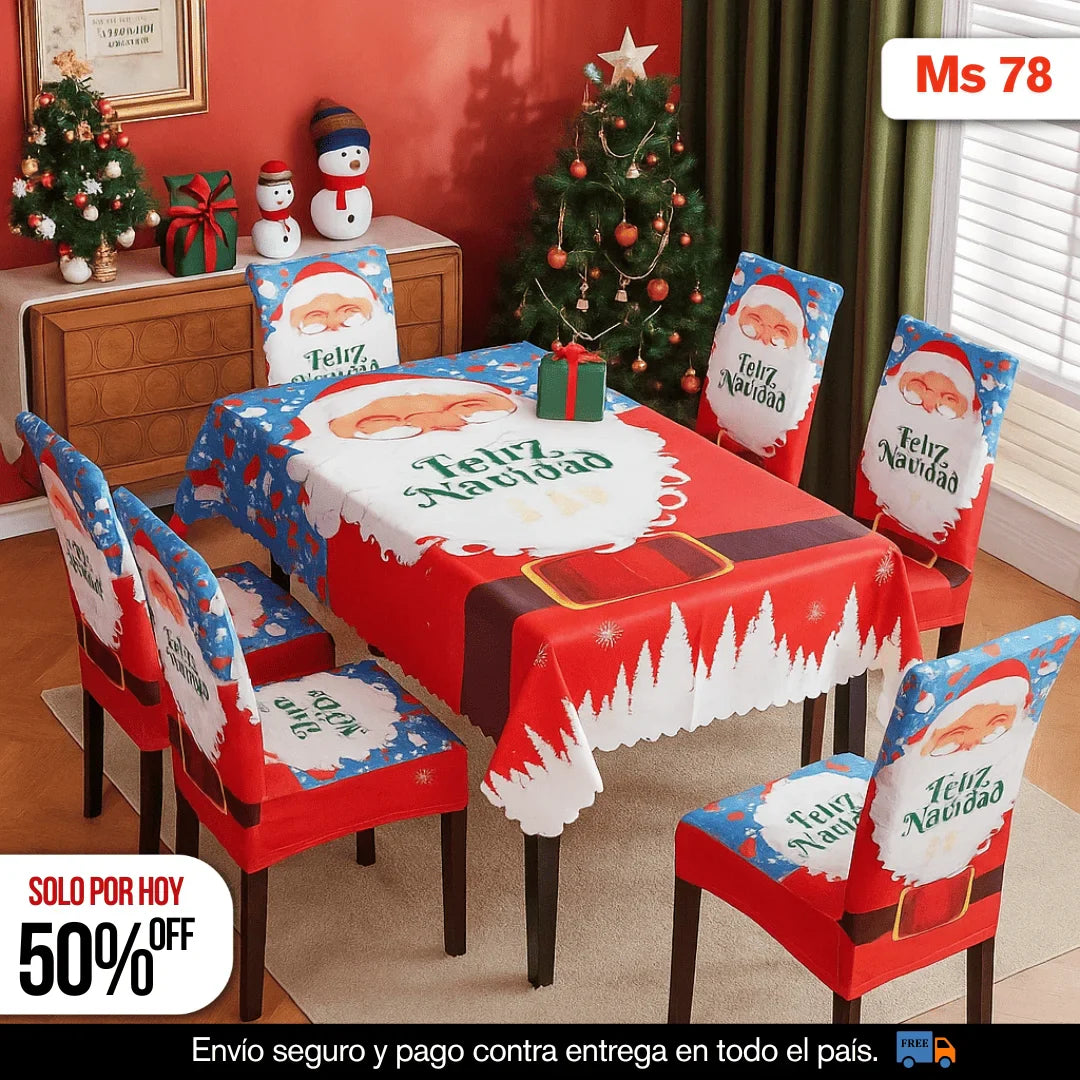 SET NAVIDEÑO DE COMEDOR – 6 FUNDAS PARA SILLAS + MANTEL