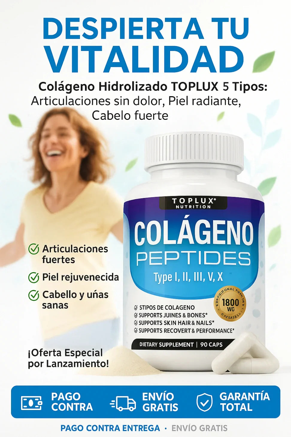 SOLO HOY 2X1 Colágeno Hidrolizado TOPLUX™ 5 Tipos (I, II, III, V, X) | Fortalece Articulaciones, Piel y Cabello