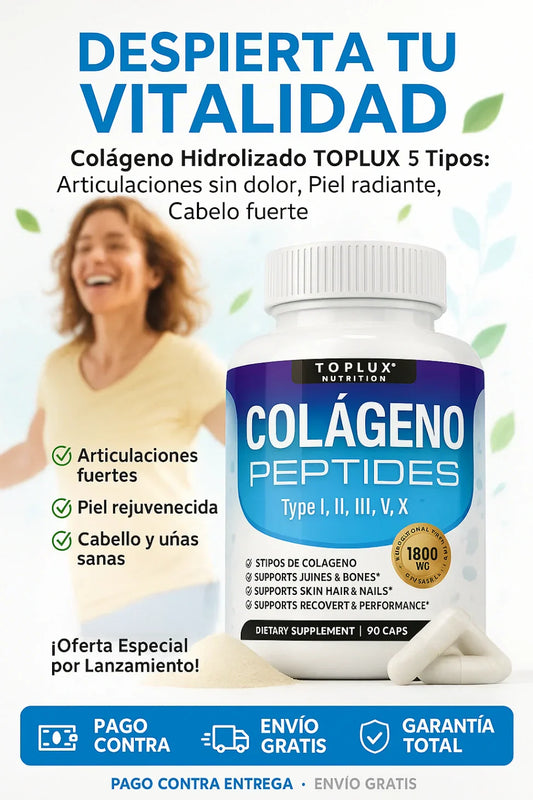SOLO HOY 2X1 Colágeno Hidrolizado TOPLUX™ 5 Tipos (I, II, III, V, X) | Fortalece Articulaciones, Piel y Cabello